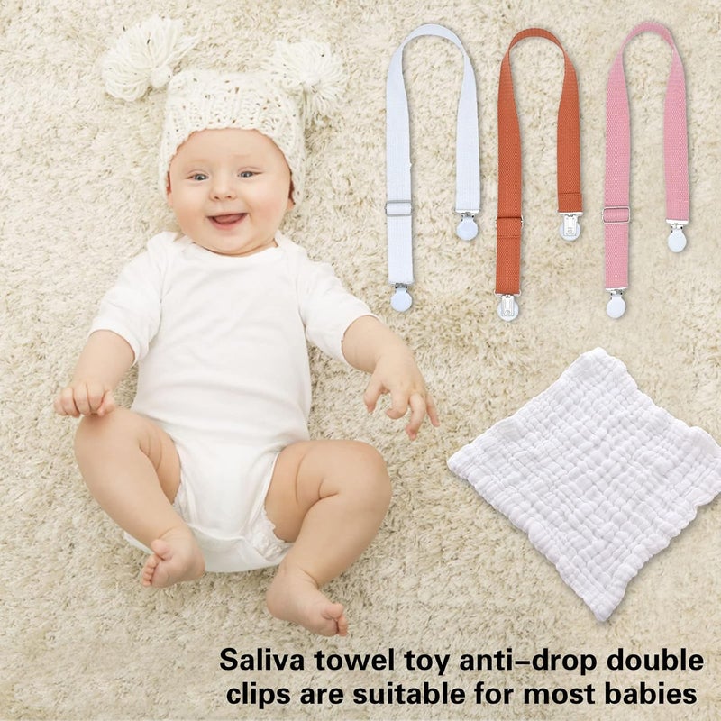 Kunyeah 3 PCS Multipurpose Clips Baby Nursing Cover Clips Saliva Towel Double-end Clamp Toy Anti-drop Clip Adjustable Braid Strap Dental Bib Holder Clip Napkin Holder for Adult Kids (Orange/White/Pink) - Image 3